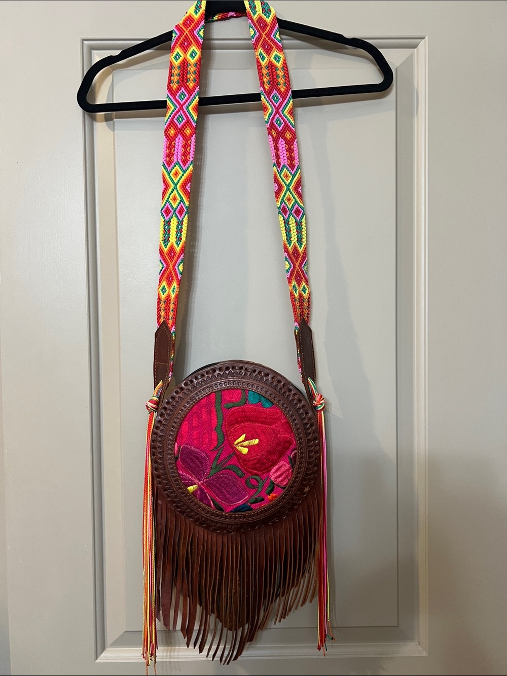 Leather Handcrafted Pink Floral Round Fringe Crossbody Bag withEmbroidered Strap
